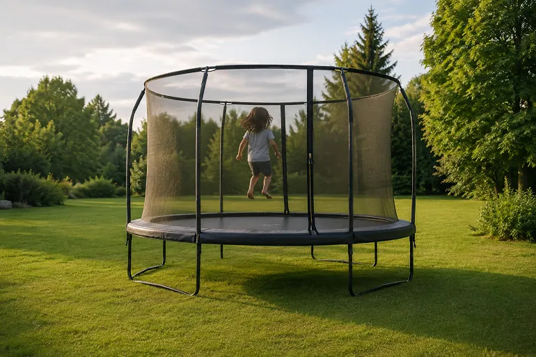 Un trampoline de jardin dont le filet est entièrement fermé, avec un seul enfant en train de sauter à l'intérieur, vu de dos et à distance.