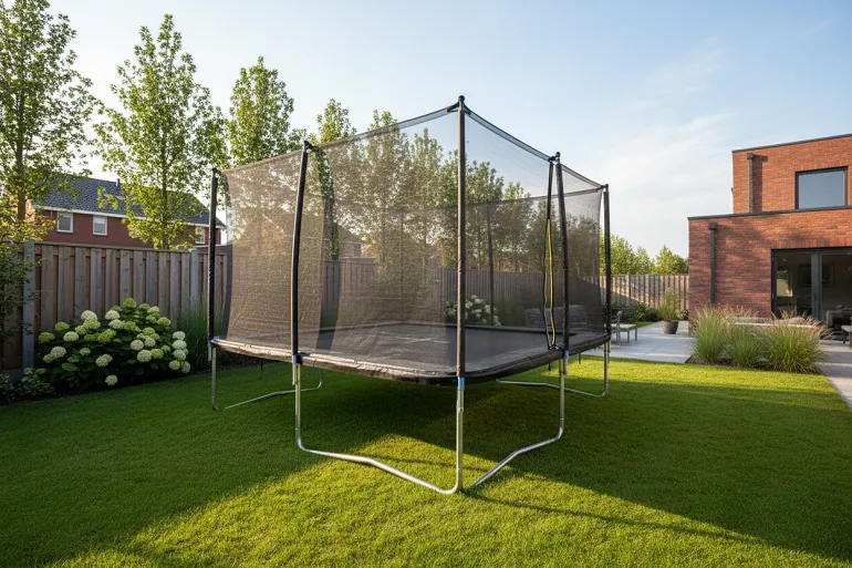 Un trampoline de jardin de forme rectangulaire posé sur une pelouse, avec son filet de sécurité fermé, vu de trois quarts.