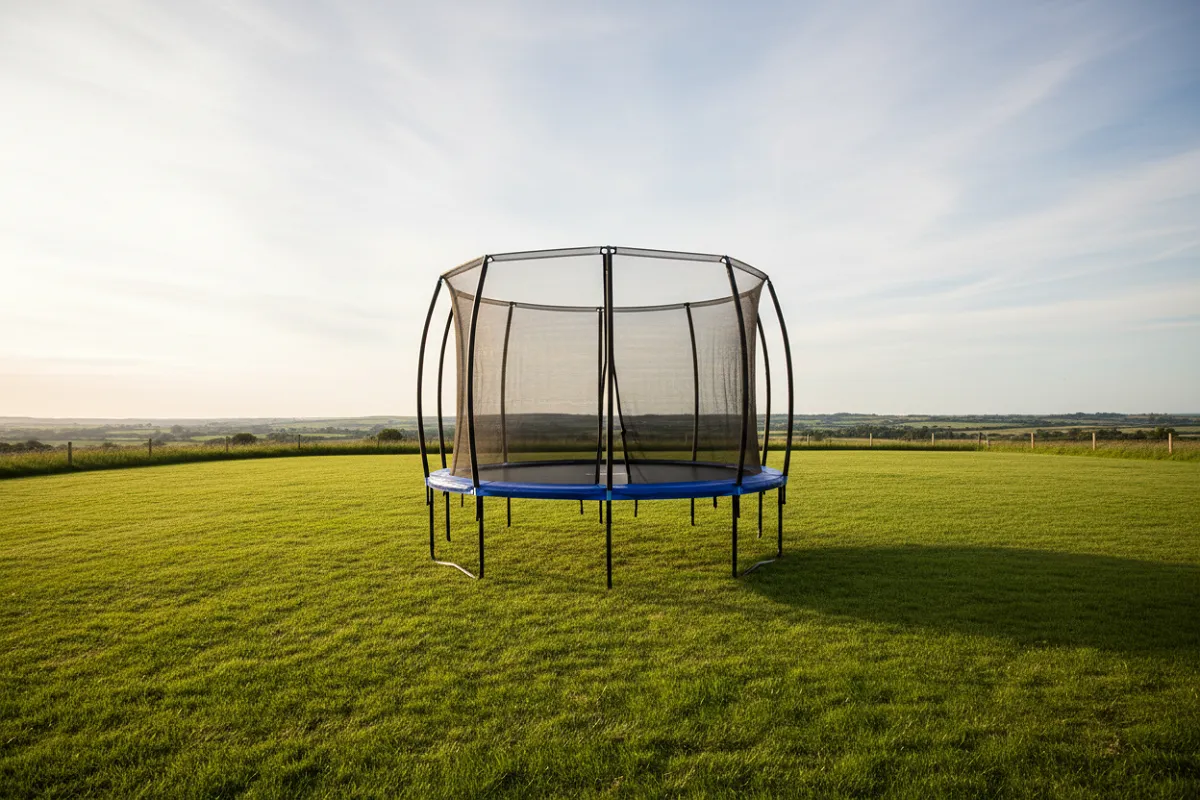 Un trampoline de jardin isolé sur une pelouse, entouré d'espace dégagé de tous côtés, sans mur, haie ni branche au-dessus.
