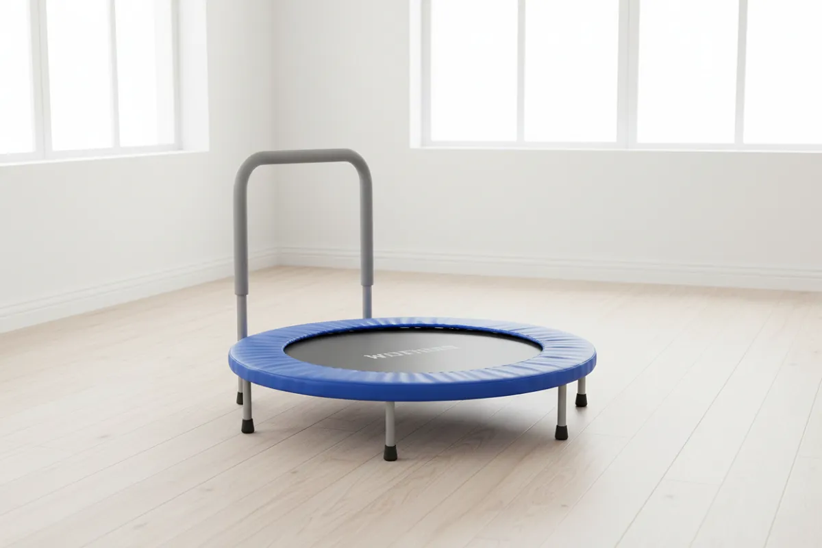 Un mini-trampoline d'intérieur pour enfant, à barre de maintien, posé seul sur un sol clair.