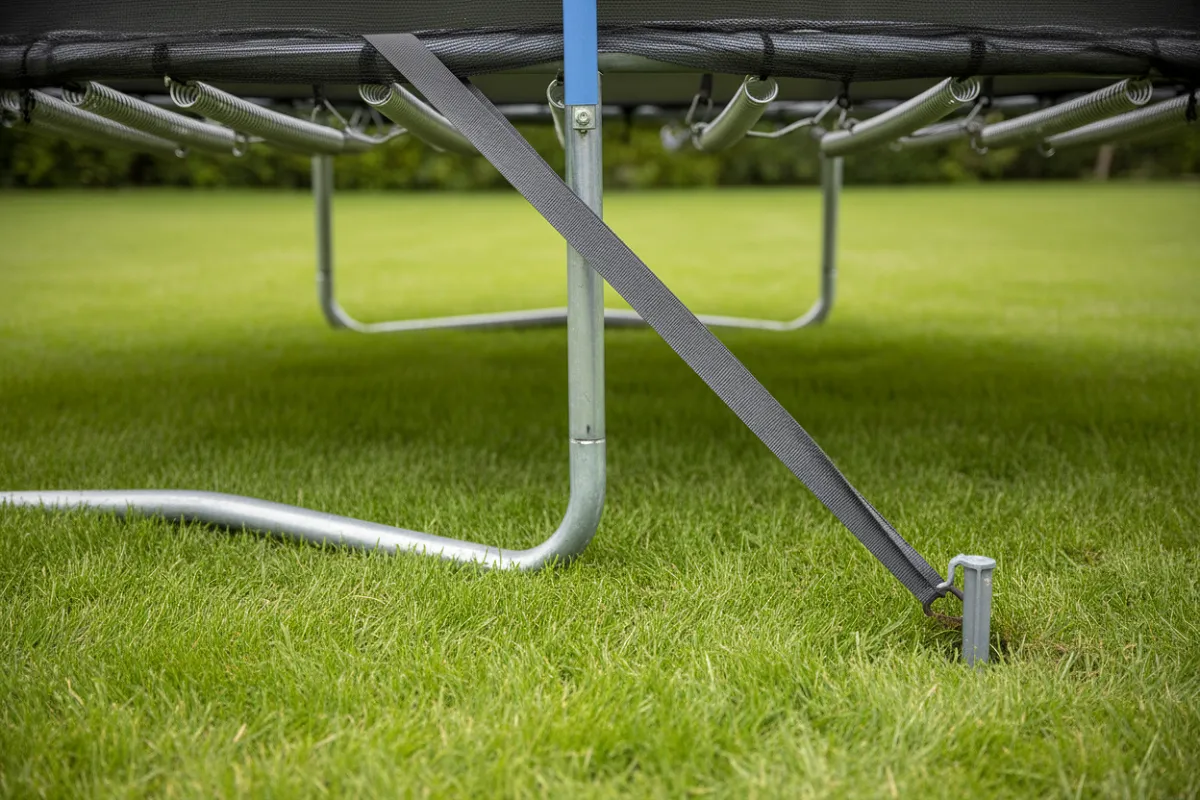 Le pied d'un trampoline de jardin maintenu au sol par une sangle et un piquet enfoncé dans la pelouse.