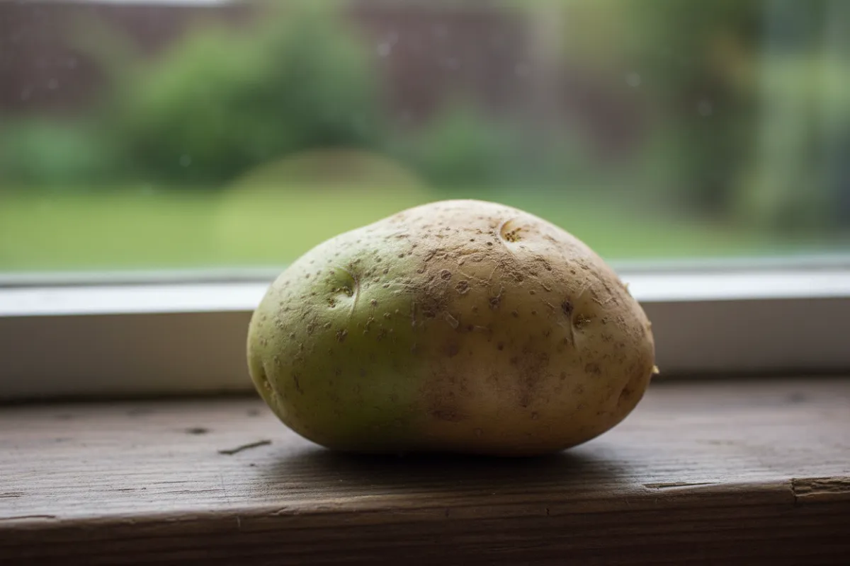 Une pomme de terre posée sur un rebord de fenêtre en pleine lumière, un côté de sa peau nettement verdi tandis que le reste reste beige.