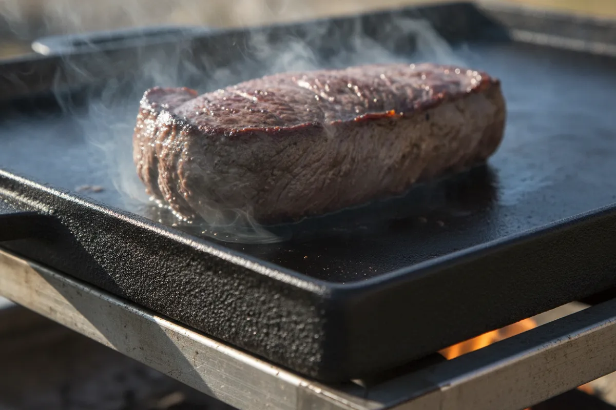 Une pièce de viande en train de saisir sur la plaque épaisse d'une plancha, la croûte dorée se formant.