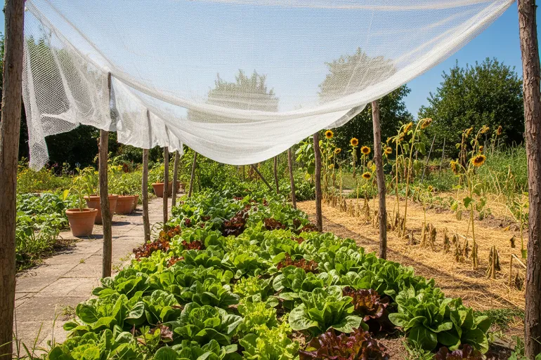 Planter en juillet : une toile d'ombrage tendue sur des piquets au-dessus d'une planche de salades, l'ombre portée contrastant avec le jardin ensoleillé au-delà.