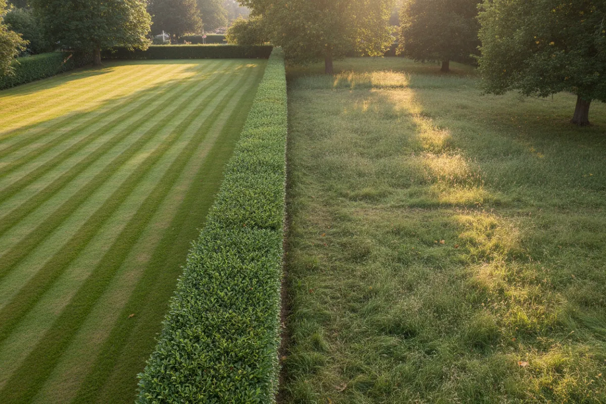 Vue aérienne de jardins mitoyens séparés par des haies, certaines pelouses fraîchement tondues et marquées de bandes, d'autres laissées plus hautes.
