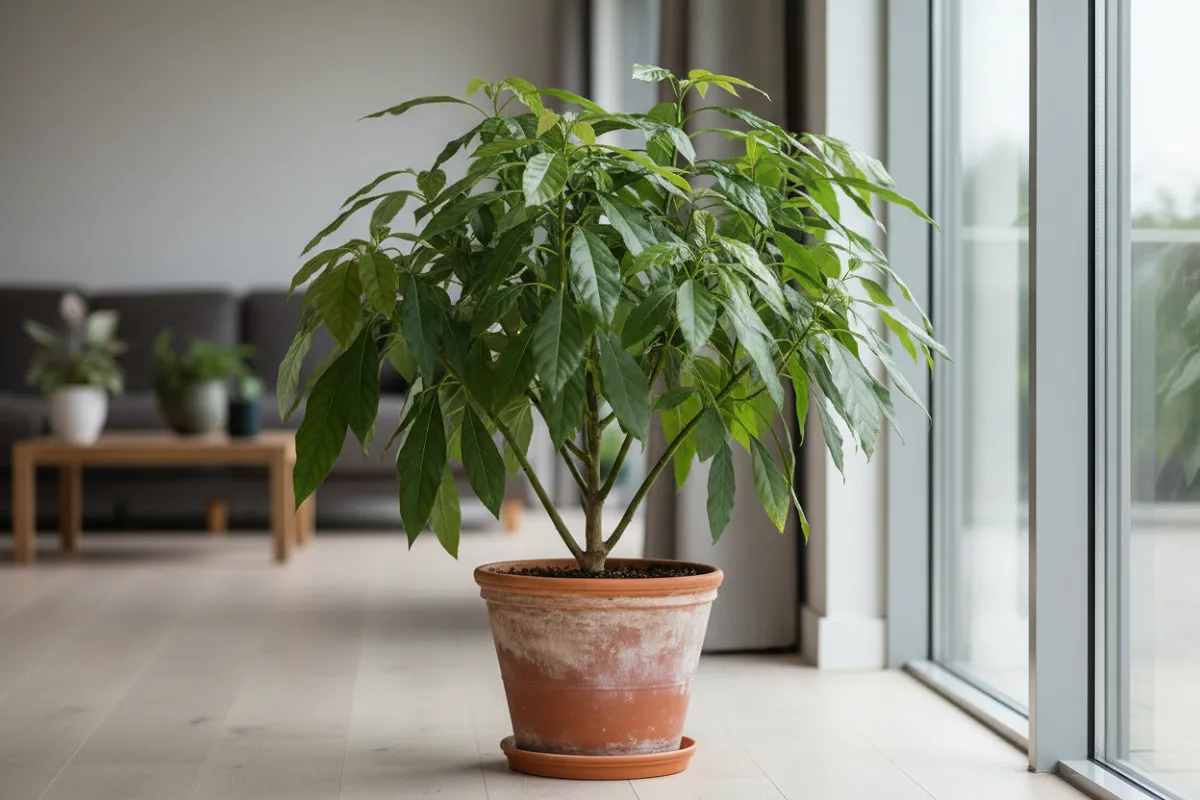 Avocatier ramifié en pot devant une fenêtre lumineuse, feuillage vert dense.