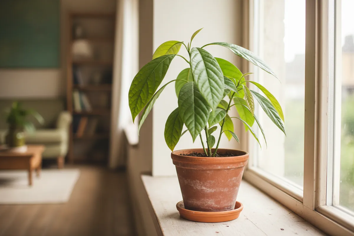 Faire pousser un avocat : jeune avocatier en pot, tige ramifiée et grandes feuilles brillantes.