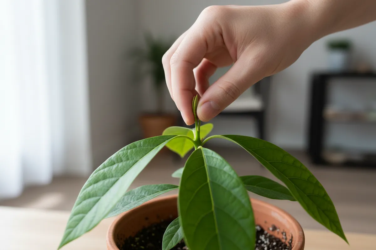 Pincement de l'extrémité d'une tige d'avocatier entre le pouce et l'index.