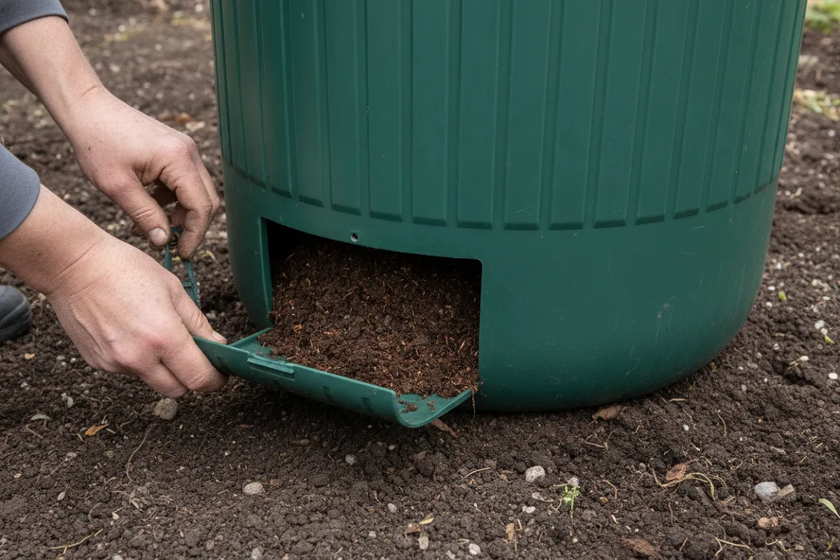 Bac à compost : trappe basse ouverte laissant apparaître le compost mûr.