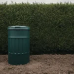 Composteur fermé installé sur la terre nue en bordure d'un jardin