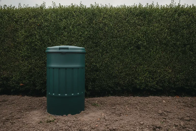 Composteur fermé installé sur la terre nue en bordure d'un jardin