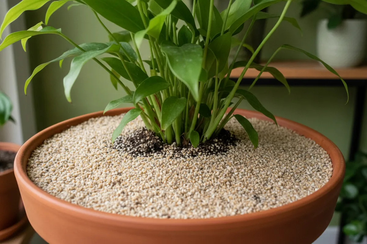 Couche de sable fin étalée en surface d'un pot de plante d'intérieur comme barrière anti-ponte.