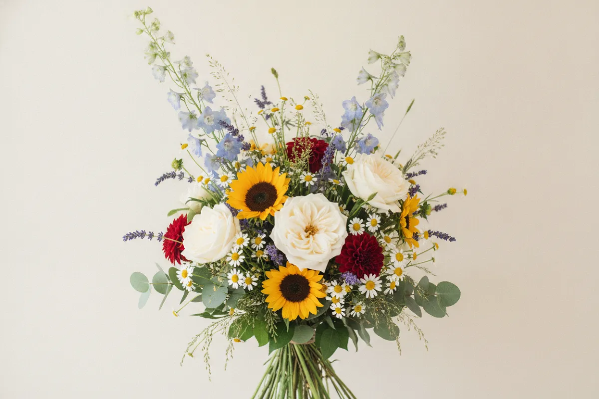Bouquet champêtre mêlant plusieurs espèces et couleurs de fleurs, tenu sans emballage sur un fond neutre.