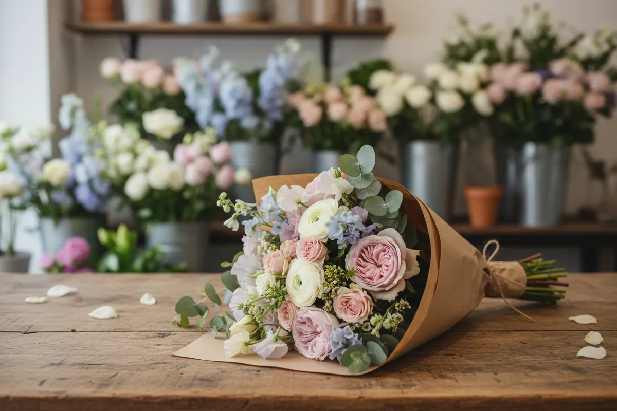 Bouquet emballé dans du papier kraft posé sur le comptoir en bois d'une boutique de fleurs.