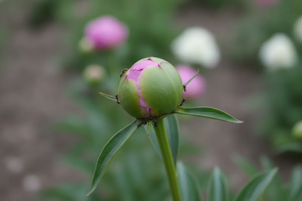 Gros plan sur un bouton de pivoine encore fermé, parcouru par quelques fourmis attirées par le nectar des sépales.