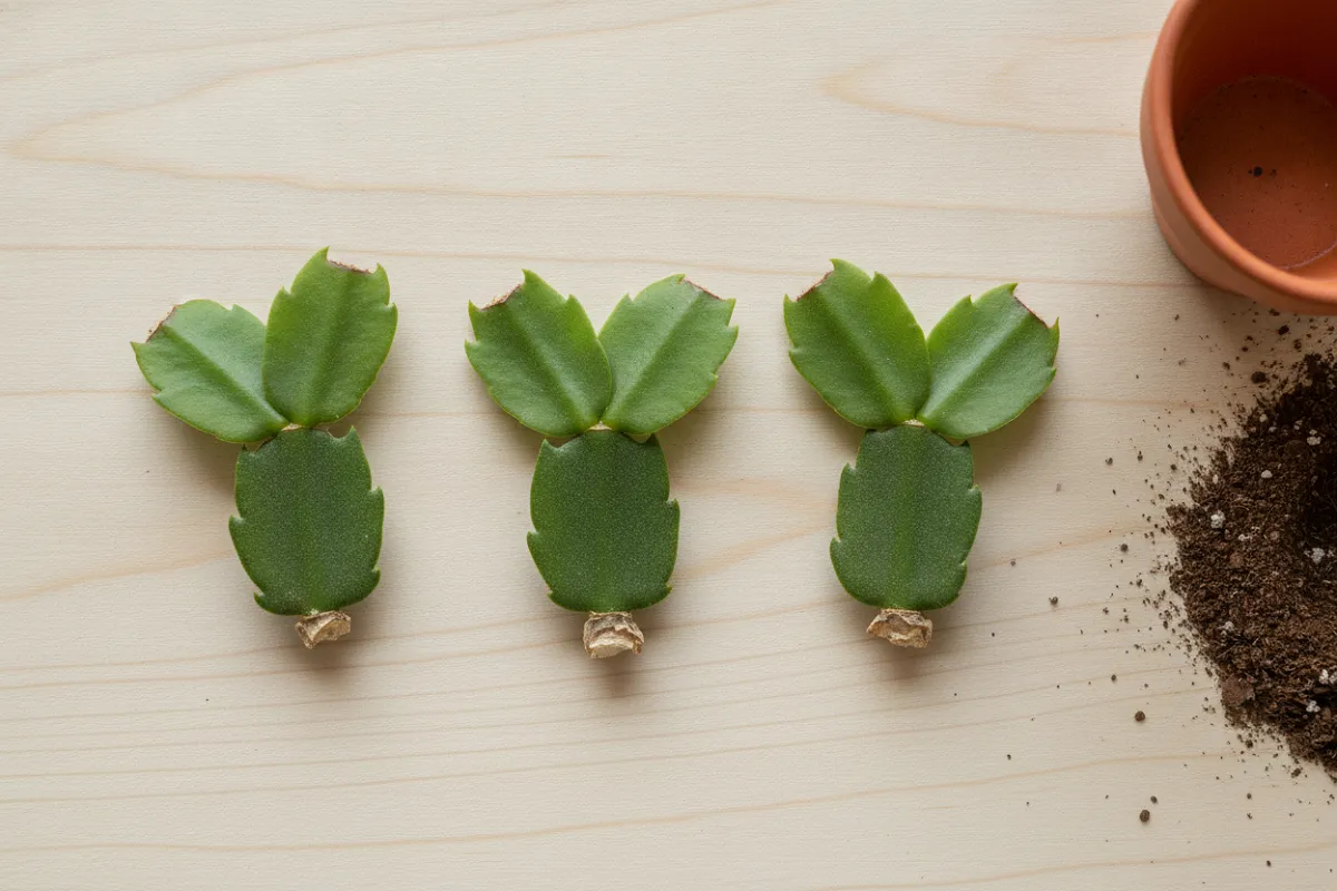 Segments de cactus de Noël détachés à la main, posés pour sécher avant plantation.