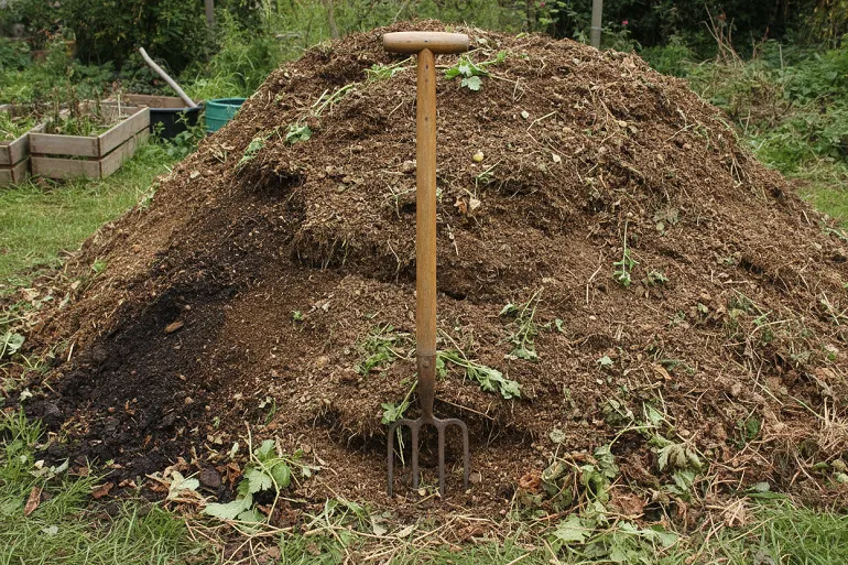 Tas de compost retourné laissant voir la matière plus sombre à l'intérieur