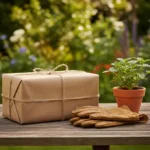Cadeau emballé posé sur une table de jardin à côté de gants en cuir et d'une plante en pot