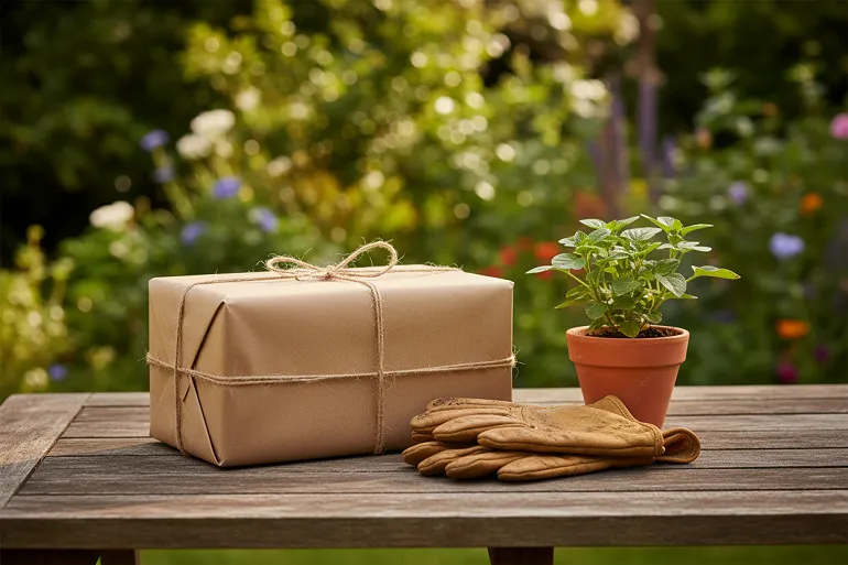 Cadeau emballé posé sur une table de jardin à côté de gants en cuir et d'une plante en pot