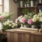 Intérieur d'une boutique de fleuriste, comptoir en bois et seaux de fleurs fraîches derrière.
