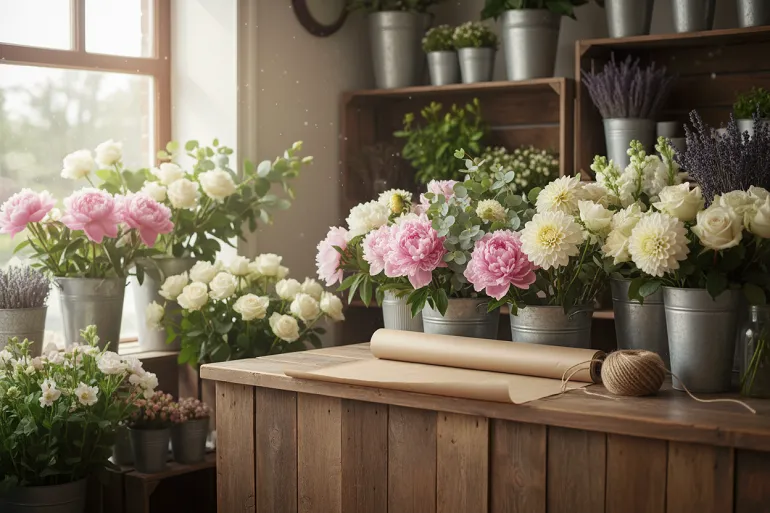 Intérieur d'une boutique de fleuriste, comptoir en bois et seaux de fleurs fraîches derrière.