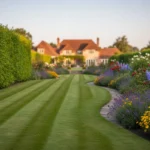 Pelouse fraîchement tondue aux bandes régulières dans un jardin entretenu, bordures nettes.