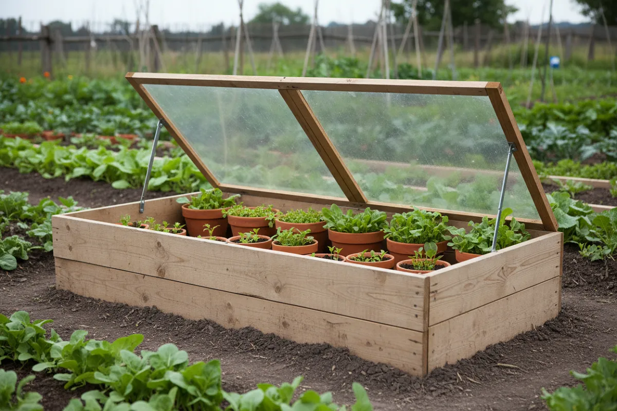 Mini serre de type châssis posée au sol, couvercle transparent relevé sur des godets de jeunes plants.