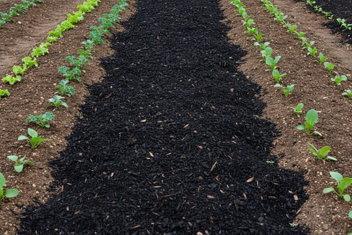 Fine couche de compost étalée entre les rangs d'un potager.