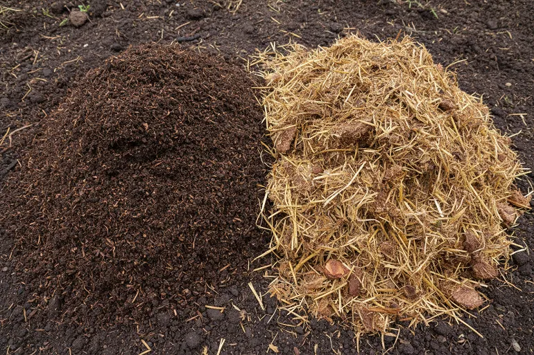 Tas de compost et tas de fumier composté côte à côte, textures différentes