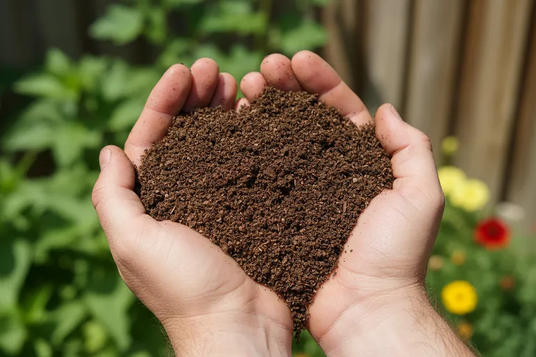 Compost brun foncé et grumeleux tenu dans deux mains en coupe