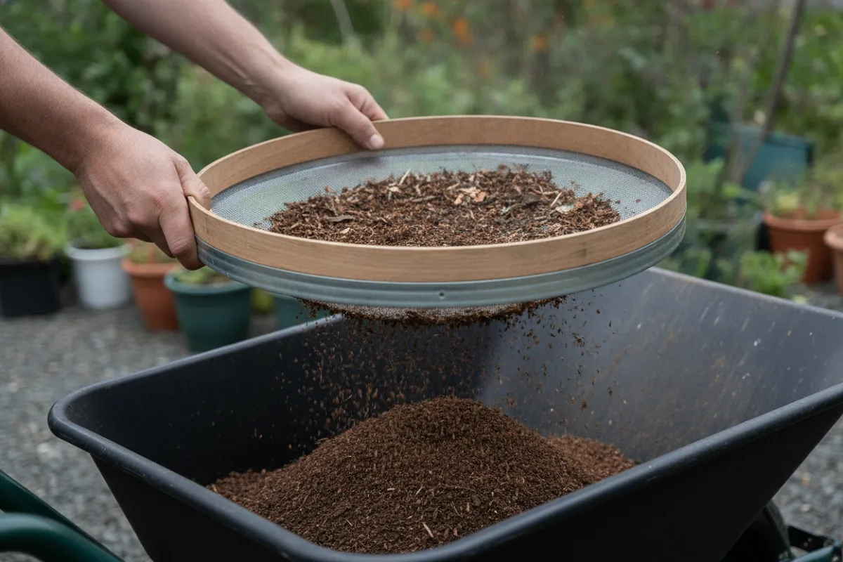 Compost mûr tamisé au-dessus d'une brouette, refus restant sur la maille.