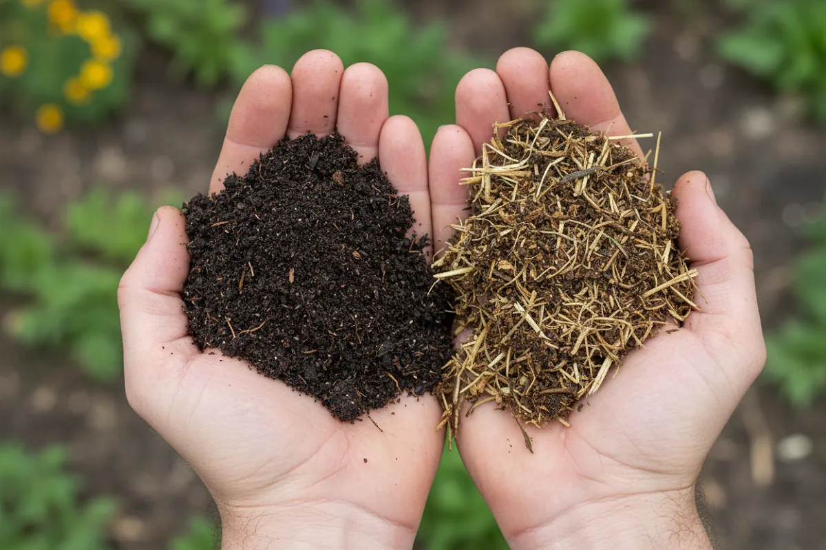 Compost ou fumier : deux textures comparées dans les mains.