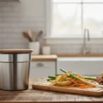 Choisir son composteur de cuisine sans se tromper 3 Seau de compostage posé sur un plan de travail à côté d'épluchures