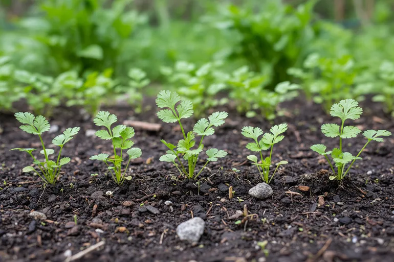 Jeunes pieds de coriandre au jardin, feuillage découpé aux bords arrondis.