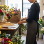Fleuriste en tablier composant un bouquet dans son atelier, vue de dos.