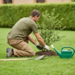 Paysagiste agenouillé plantant un arbuste dans un jardin, vue de dos.