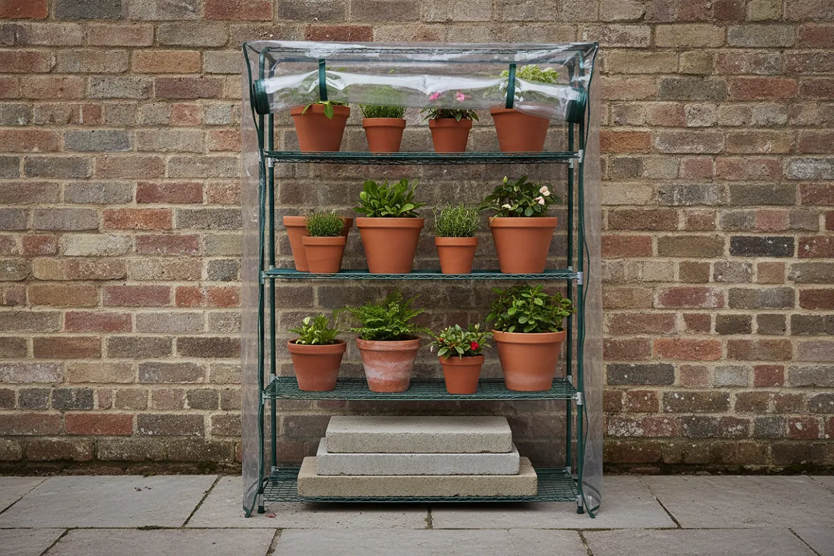 Petite serre de balcon en étagère sous housse transparente adossée à un mur, fermeture entrouverte en haut.
