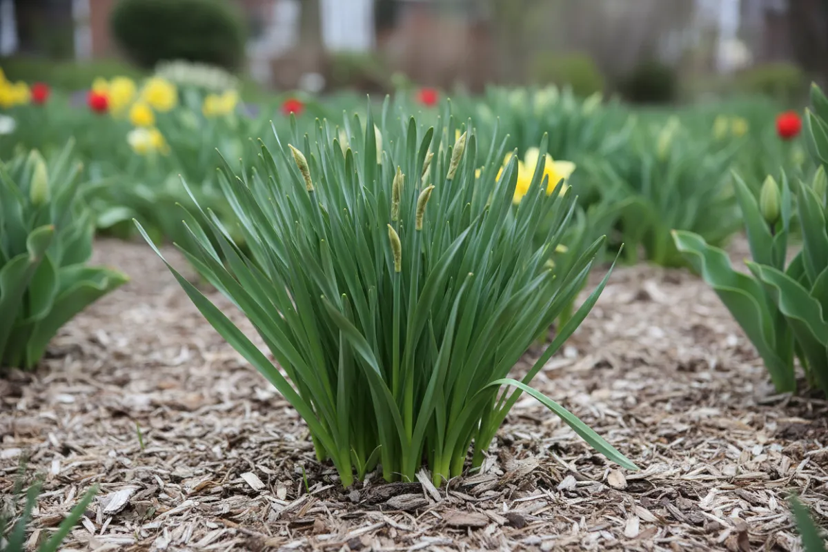 Touffe de feuillage de jonquille encore vert et dressé après la floraison, dans un massif paillé de printemps.