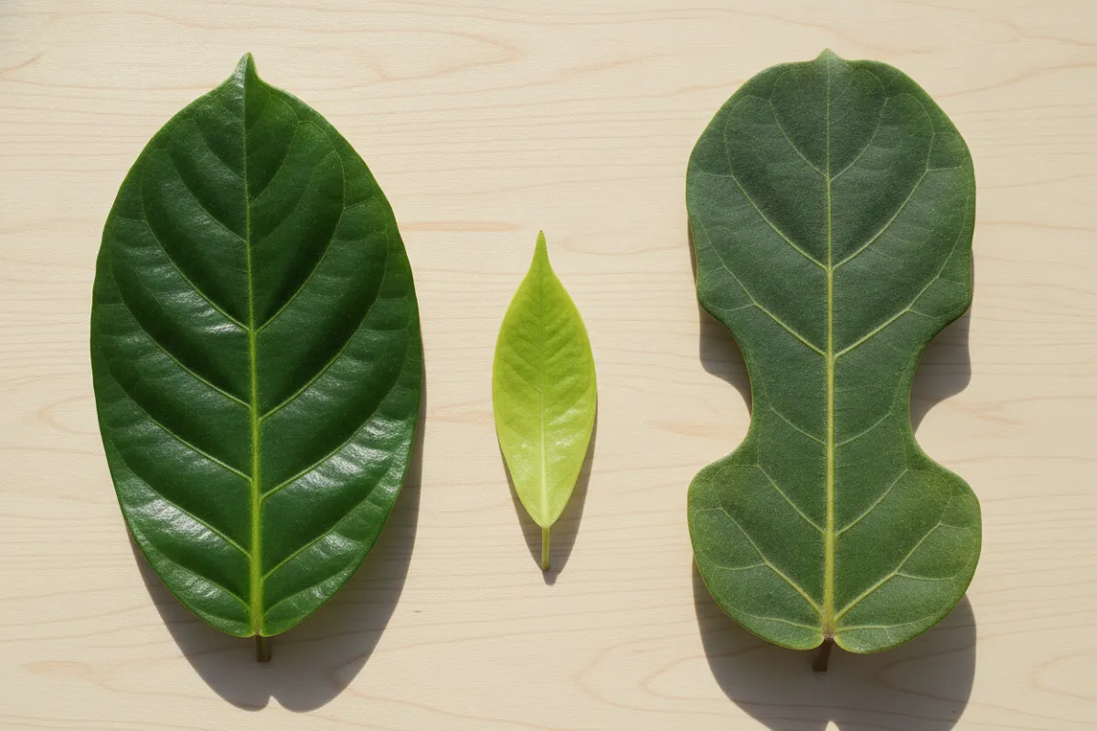 Feuilles de ficus elastica, benjamina et lyrata côte à côte, tailles très différentes.