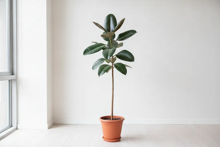 Ficus elastica en intérieur près d'une fenêtre, grandes feuilles épaisses et vernissées.