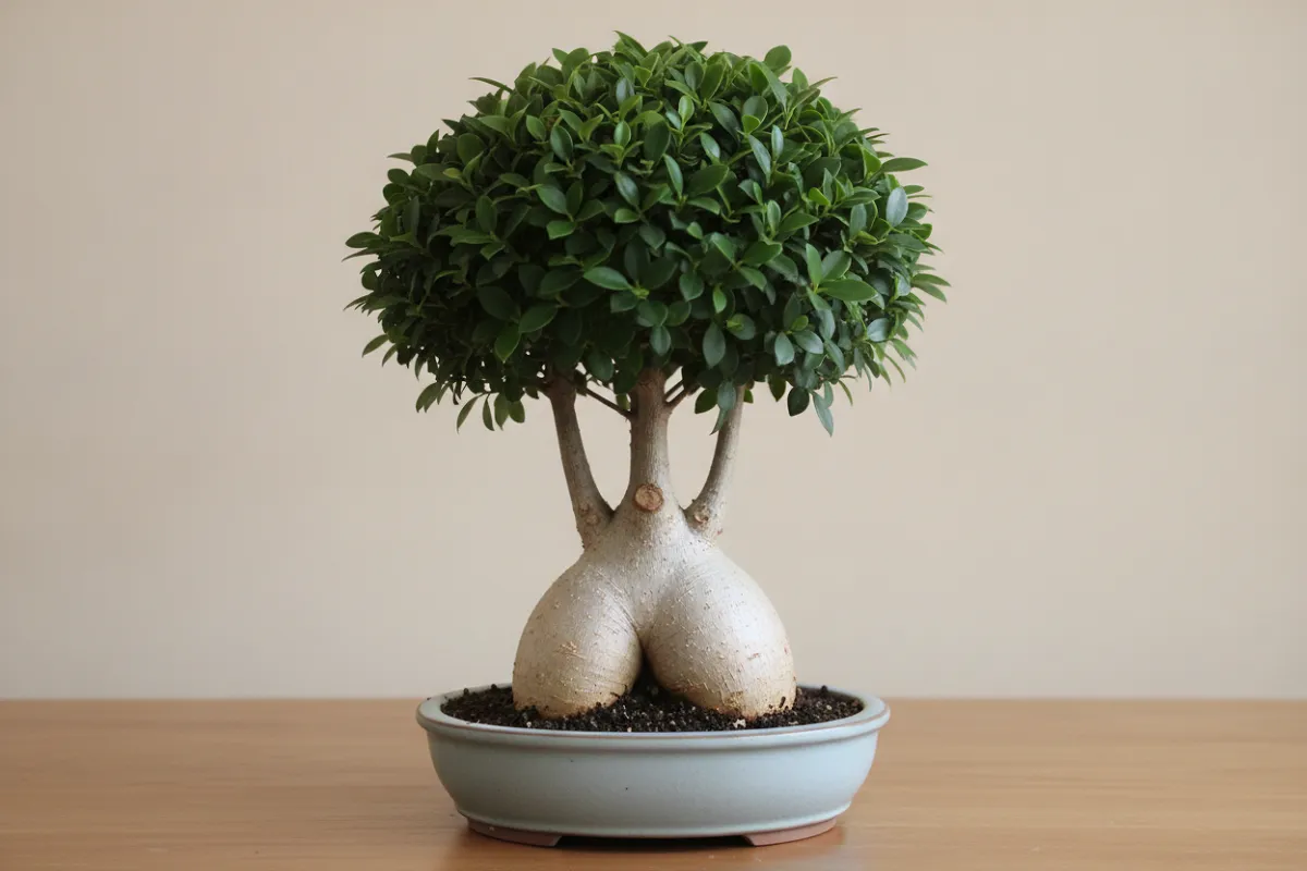 Ficus ginseng au feuillage dense, renflement racinaire et cicatrices de greffe visibles.