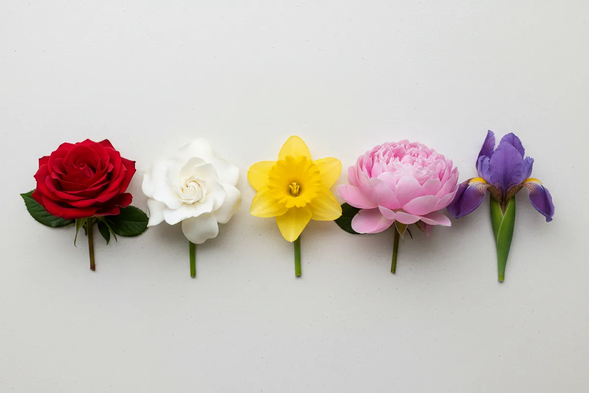 Fleurs coupées de plusieurs espèces et couleurs disposées côte à côte sur une surface claire : rouge, blanche, jaune, rose et violette.