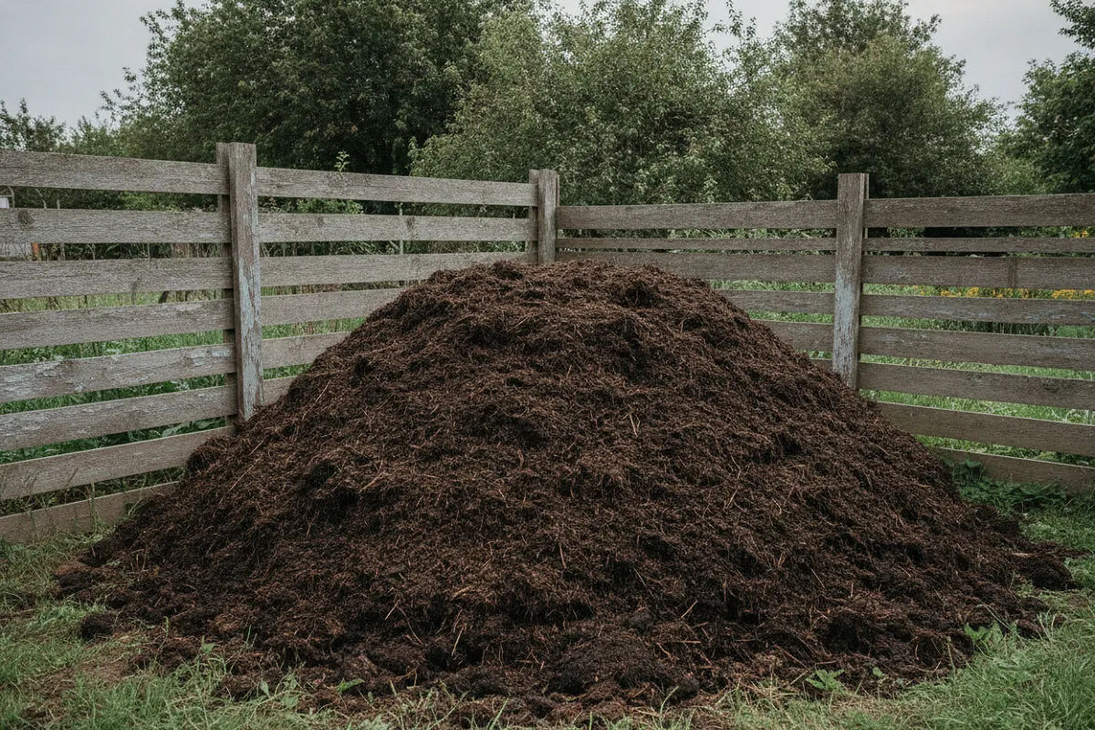 Tas de fumier bien composté dans un coin de jardin, paille à peine visible.