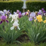 Massif d'iris en fleurs de plusieurs couleurs, du violet profond au jaune, un matin de printemps.