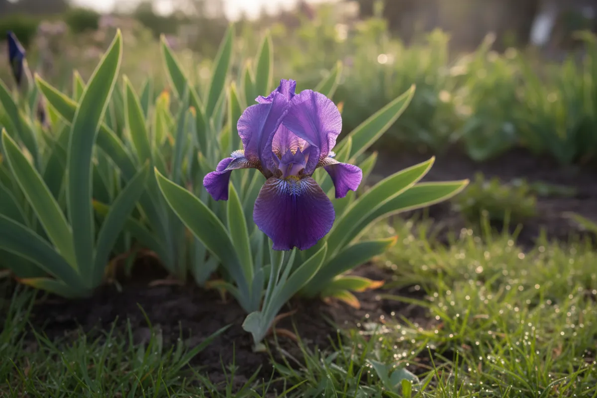 Iris violet épanoui dans un massif, ses trois pétales dressés et ses trois sépales retombants bien visibles.