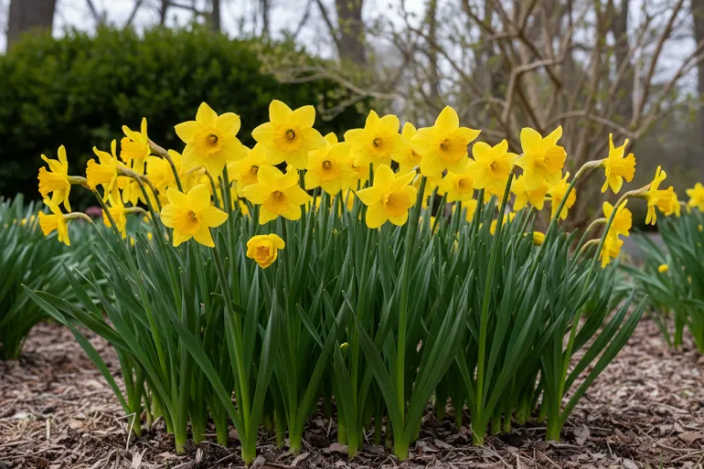 Touffe de jonquilles jaunes en pleine floraison dans un massif paillé de printemps, devant des branches encore nues.
