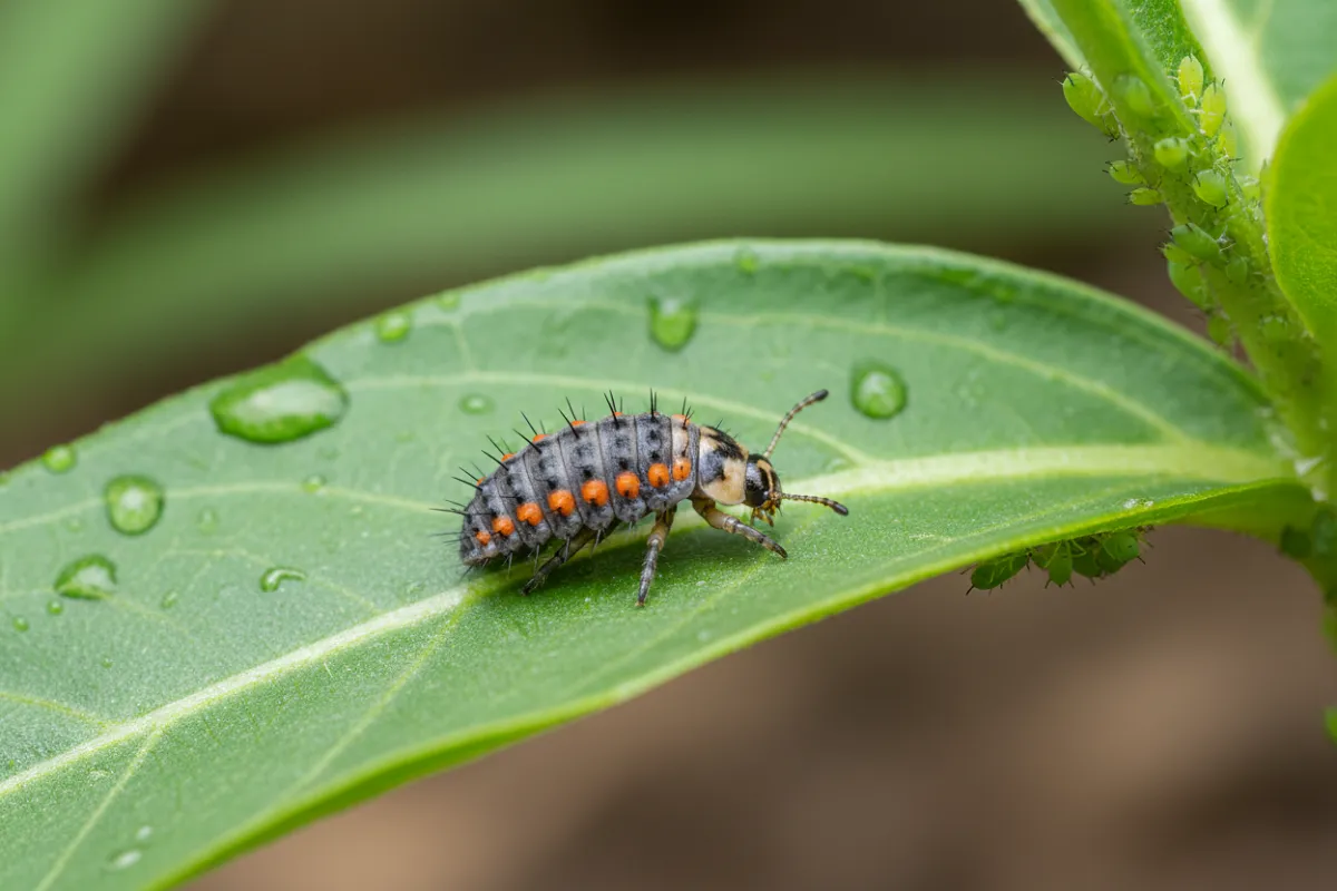 Larve de coccinelle progressant sur une feuille vers une colonie de pucerons verts.