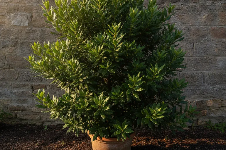 Arbuste de laurier-sauce en jardin, feuilles ovales coriaces aux bords ondulés.