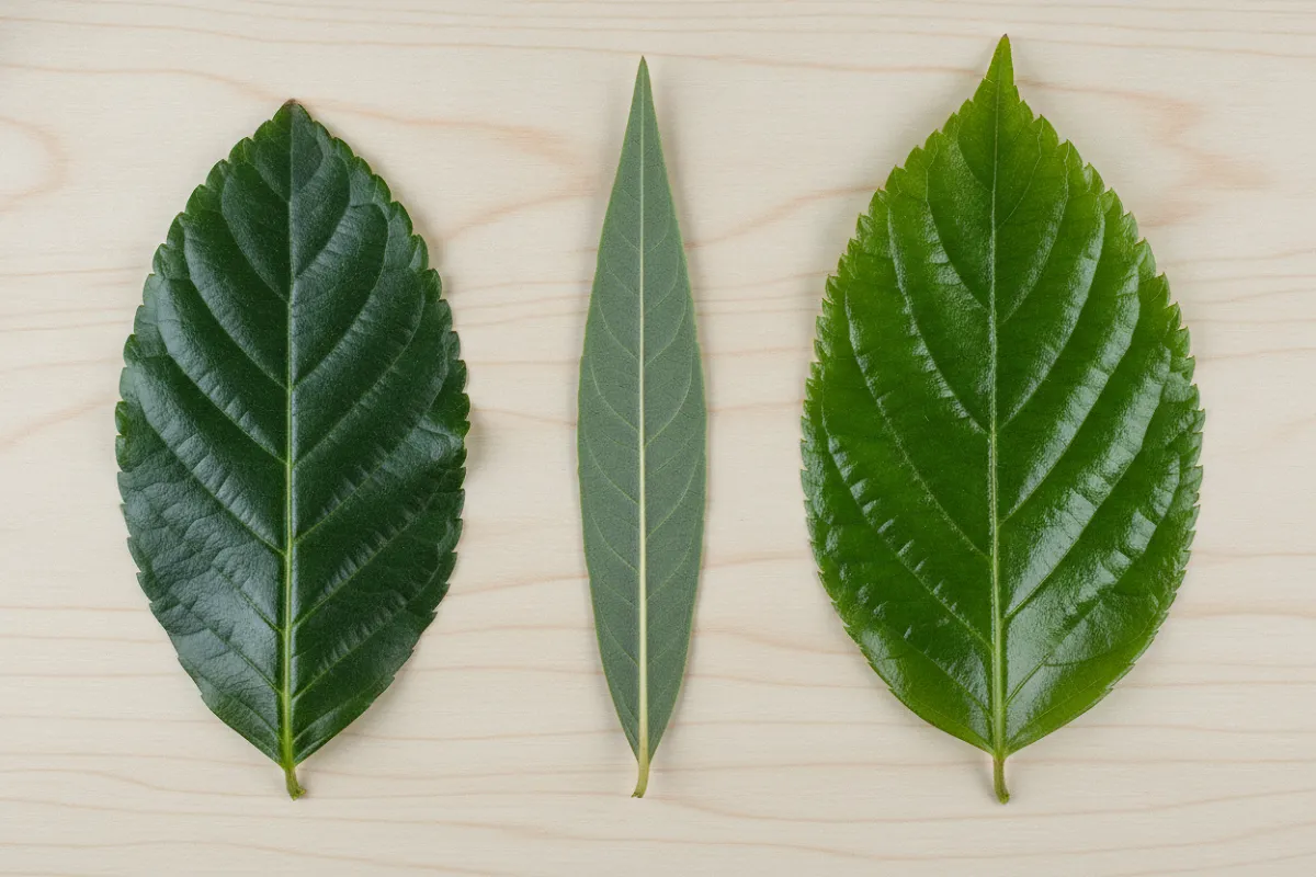 Feuilles de laurier-sauce, laurier-rose et laurier-cerise côte à côte, formes différentes.