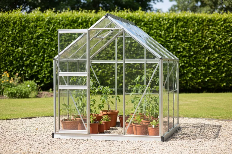 Petite serre de jardin ouverte au soleil, posée sur un lit de gravier